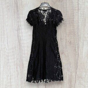 Vintage Y2K Betsey Johnson Black Lace Overlay Dress Slip Puff Sleeve Ruffle Trim